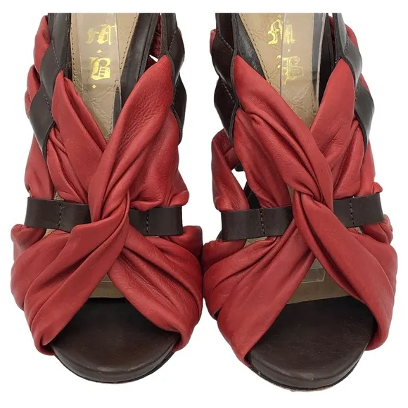 L.A.M.B Red Leather Twist Wood Stacked High Heels Size 7