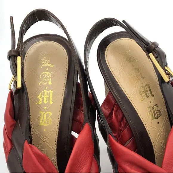 L.A.M.B Red Leather Twist Wood Stacked High Heels Size 7