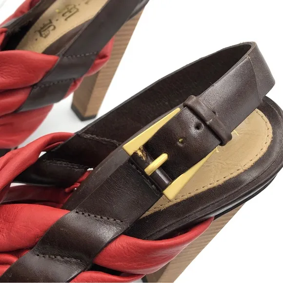 L.A.M.B Red Leather Twist Wood Stacked High Heels Size 7