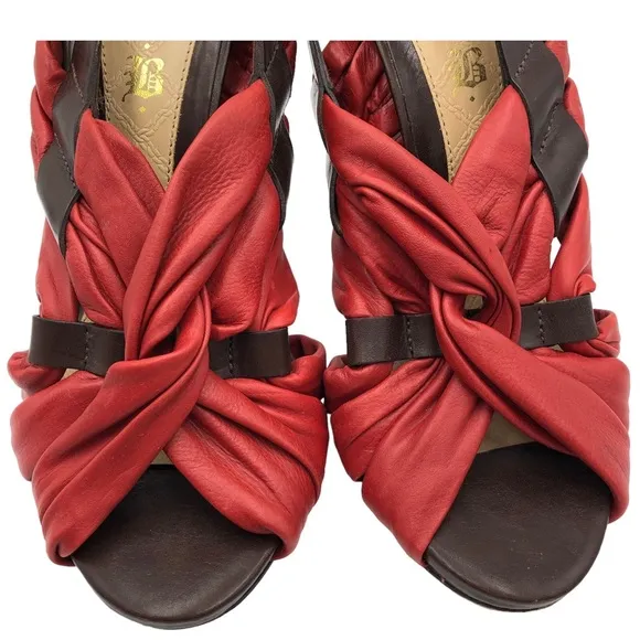 L.A.M.B Red Leather Twist Wood Stacked High Heels Size 7