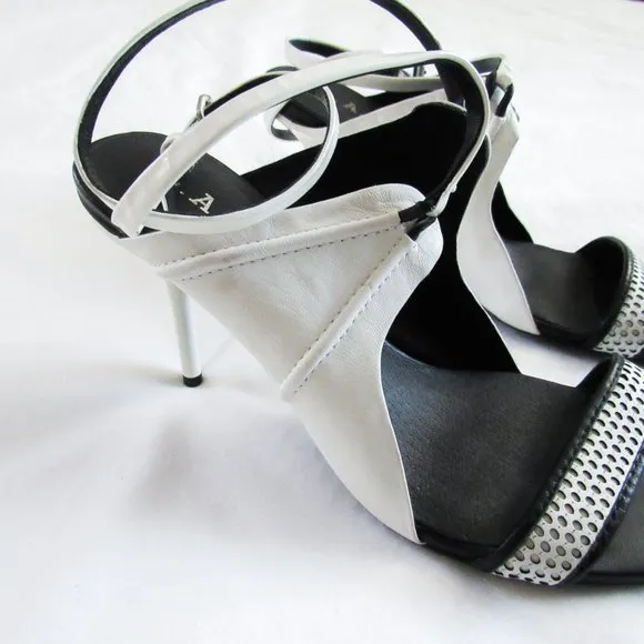 L.A.M.B Vintage Sporty White Leather Stiletto Open Toe Heels Y2K SZ 6.5Orig.$228