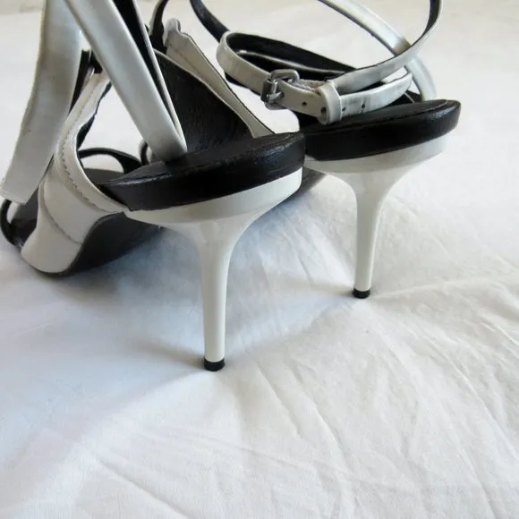 L.A.M.B Vintage Sporty White Leather Stiletto Open Toe Heels Y2K SZ 6.5Orig.$228