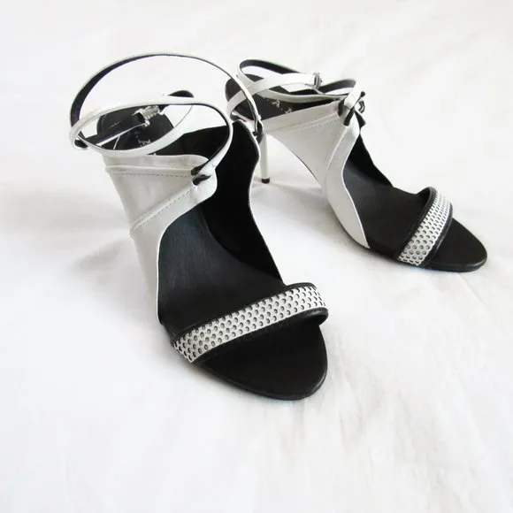 L.A.M.B Vintage Sporty White Leather Stiletto Open Toe Heels Y2K SZ 6.5Orig.$228