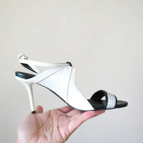 L.A.M.B Vintage Sporty White Leather Stiletto Open Toe Heels Y2K SZ 6.5Orig.$228