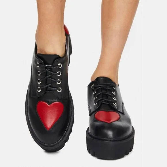 Lamoda Red Heart Black Platform Oxfords Size 6