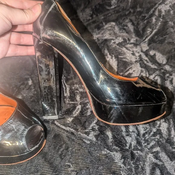 Lanvin Ete 2008 Women's Slip On Black Patent Leather Peep Toe Heels Size 7