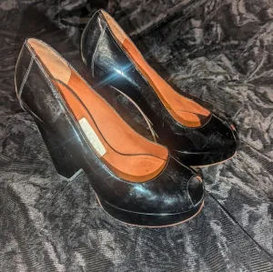 Lanvin Ete 2008 Women's Slip On Black Patent Leather Peep Toe Heels Size 7
