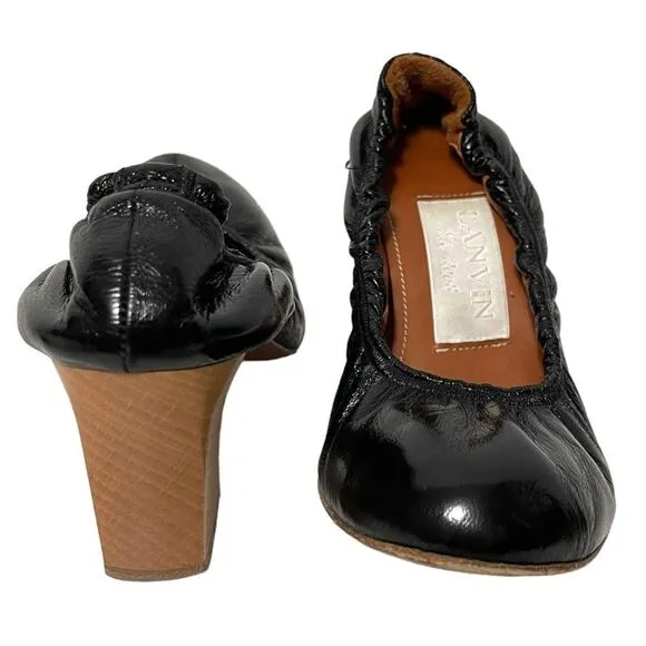 LANVIN Leather Ruched Round Toe Block Heels 37
