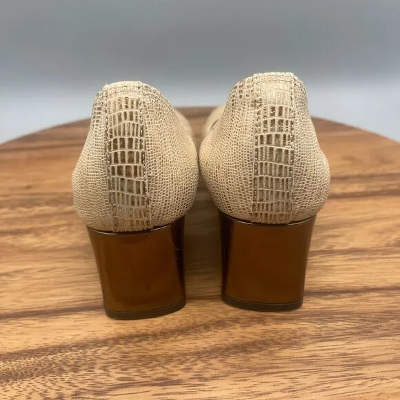 Lanvin Paris Block Heels Womens Size 7 / 37.5 Gold Beige Embossed Metallic