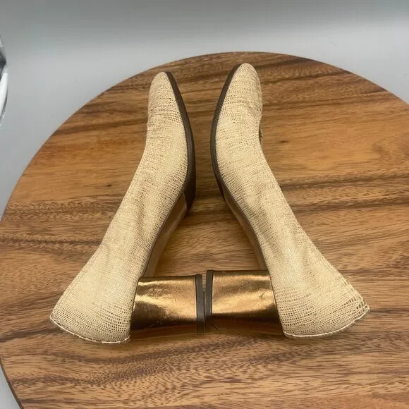 Lanvin Paris Block Heels Womens Size 7 / 37.5 Gold Beige Embossed Metallic