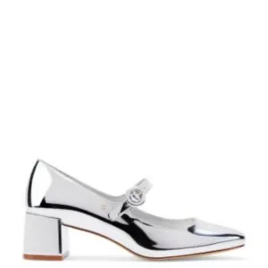 Larroude Blair buckled ankle silver block heel pumps 8