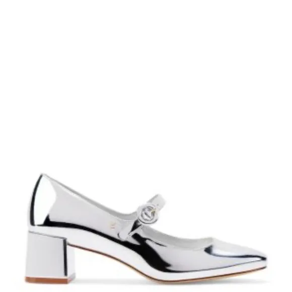 Larroude Blair buckled ankle silver block heel pumps 8