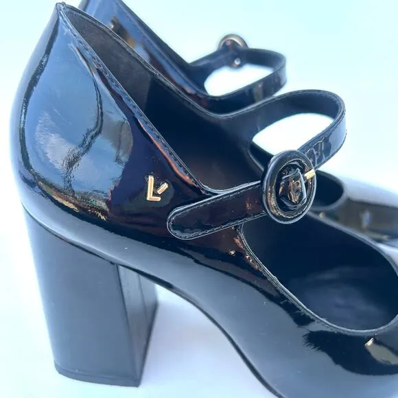 Larroude Blair Hi Pumps Patent Leather Black Chunky Block Heels 6.5 Strap