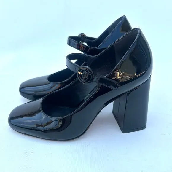 Larroude Blair Hi Pumps Patent Leather Black Chunky Block Heels 6.5 Strap