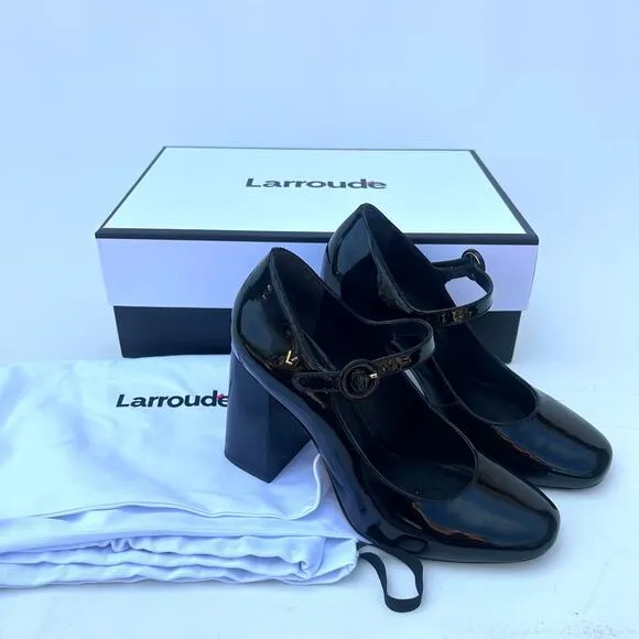 Larroude Blair Hi Pumps Patent Leather Black Chunky Block Heels 6.5 Strap