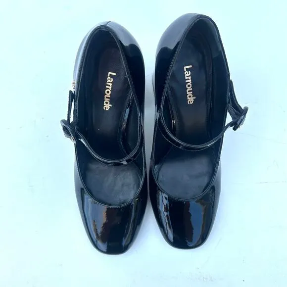 Larroude Blair Hi Pumps Patent Leather Black Chunky Block Heels 6.5 Strap
