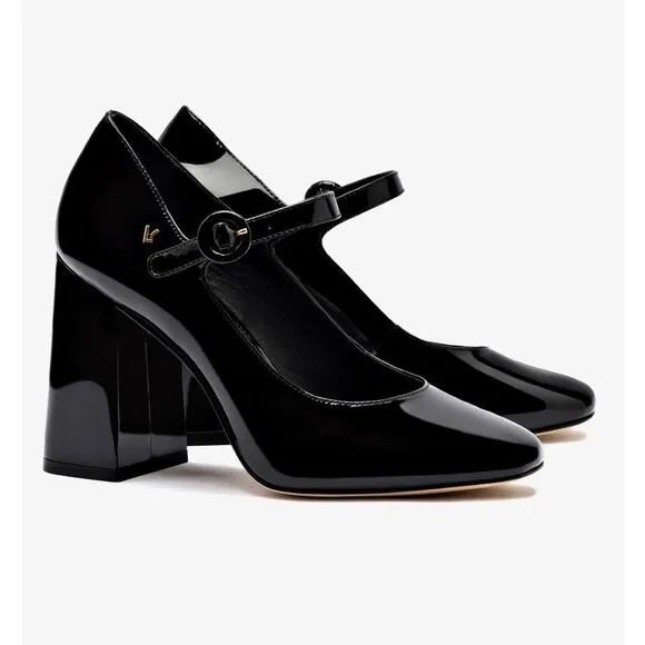 Larroude Blair Hi Pumps Patent Leather Black Chunky Block Heels 6.5 Strap