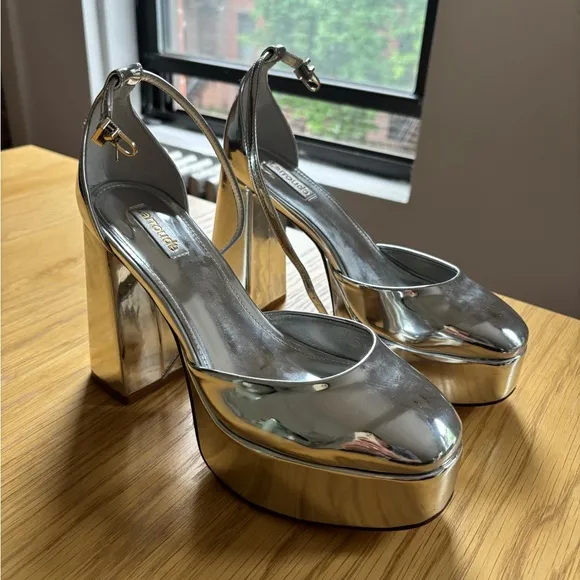 Larroude Silver Platform Heels with Ankle Strap