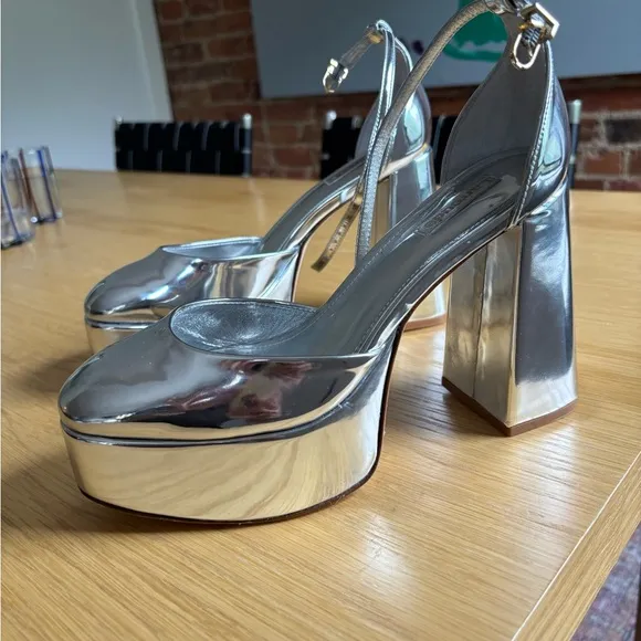 Larroude Silver Platform Heels with Ankle Strap
