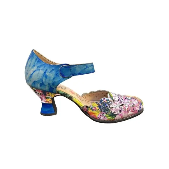 L'artiste Spring Step Floral &amp; Blue Leather Mary Jane Heels Size 8.5