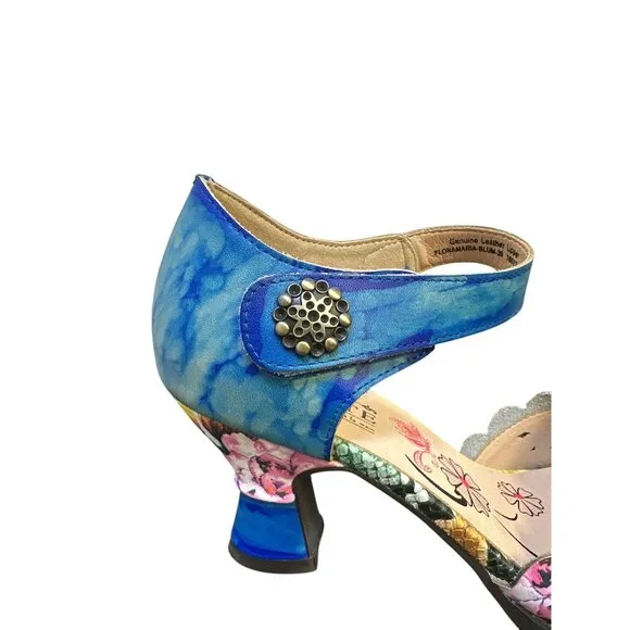 L'artiste Spring Step Floral &amp; Blue Leather Mary Jane Heels Size 8.5