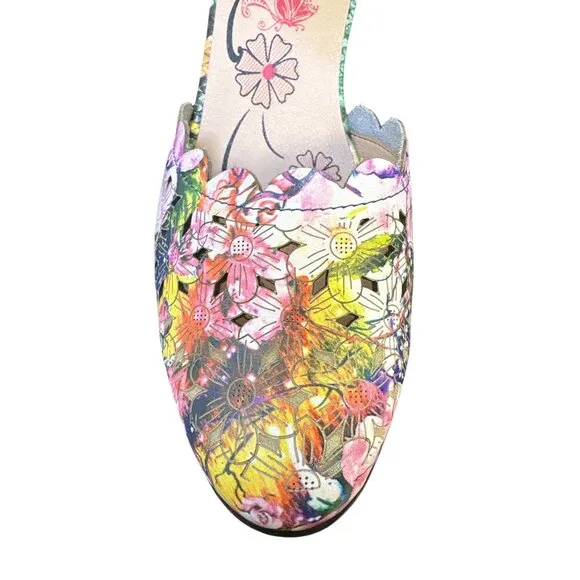 L'artiste Spring Step Floral &amp; Blue Leather Mary Jane Heels Size 8.5