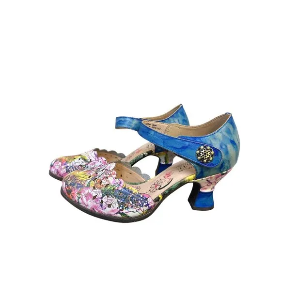 L'artiste Spring Step Floral &amp; Blue Leather Mary Jane Heels Size 8.5