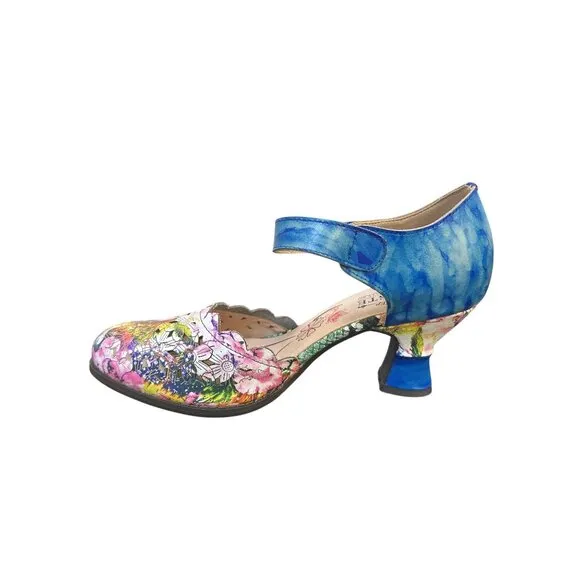 L'artiste Spring Step Floral &amp; Blue Leather Mary Jane Heels Size 8.5