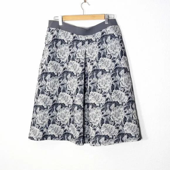Laura Ashley Women’s Floral Skirt Textured Jacquard Grey Blue Stretch Lined 10
