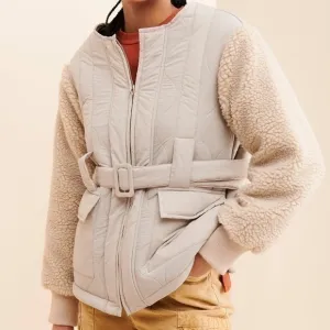 Line &amp; Dot. Milan Sherpa Puffer Jacket | Padded Teddy Coat Cream NWT