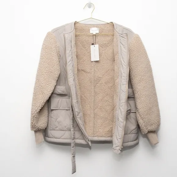 Line &amp; Dot. Milan Sherpa Puffer Jacket | Padded Teddy Coat Cream NWT