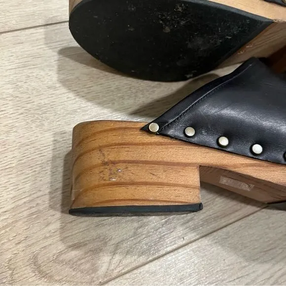 Lisa B Women’s Open Toe Slide Clogs Leather Wooden Size 39/US 8-8.5