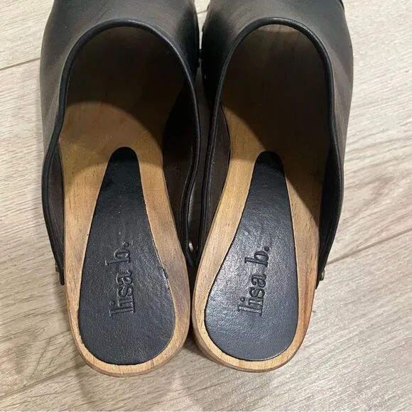 Lisa B Women’s Open Toe Slide Clogs Leather Wooden Size 39/US 8-8.5