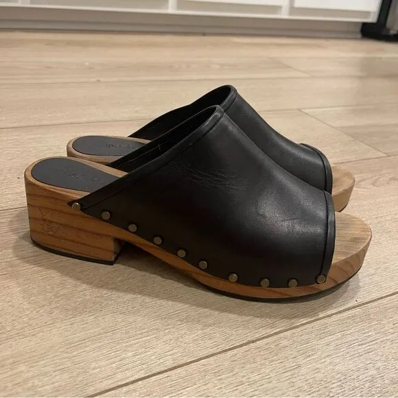 Lisa B Women’s Open Toe Slide Clogs Leather Wooden Size 39/US 8-8.5
