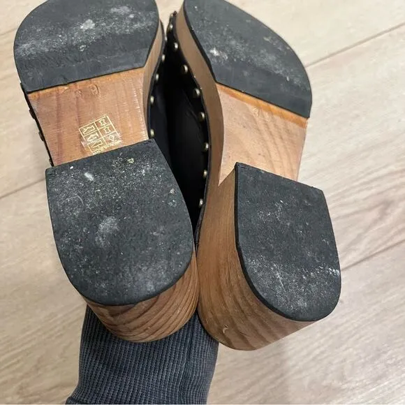 Lisa B Women’s Open Toe Slide Clogs Leather Wooden Size 39/US 8-8.5