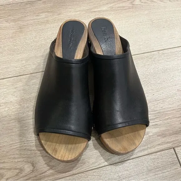 Lisa B Women’s Open Toe Slide Clogs Leather Wooden Size 39/US 8-8.5