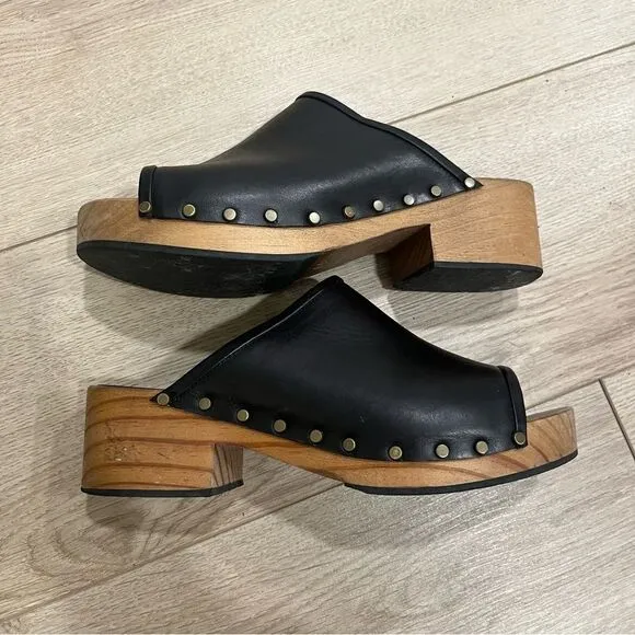 Lisa B Women’s Open Toe Slide Clogs Leather Wooden Size 39/US 8-8.5