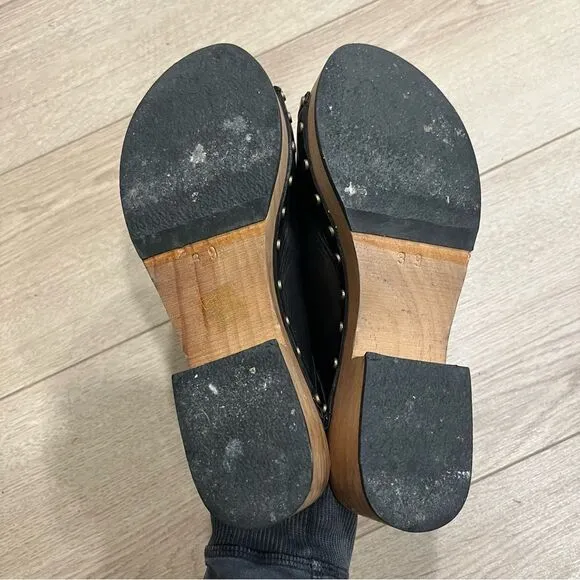 Lisa B Women’s Open Toe Slide Clogs Leather Wooden Size 39/US 8-8.5