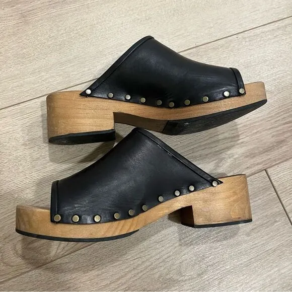Lisa B Women’s Open Toe Slide Clogs Leather Wooden Size 39/US 8-8.5