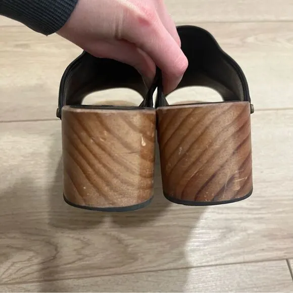 Lisa B Women’s Open Toe Slide Clogs Leather Wooden Size 39/US 8-8.5