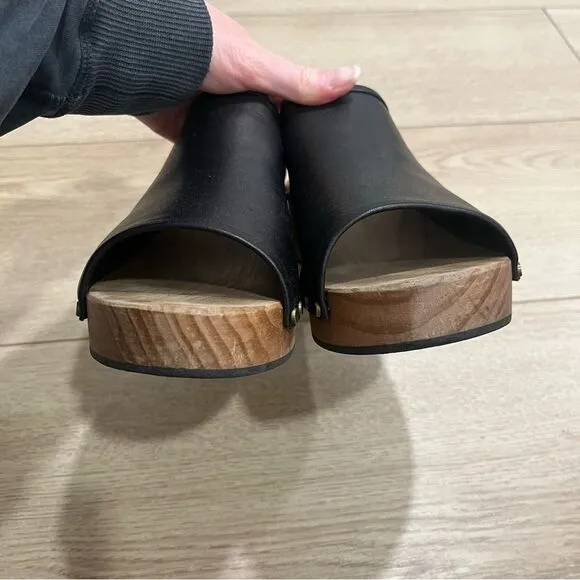 Lisa B Women’s Open Toe Slide Clogs Leather Wooden Size 39/US 8-8.5