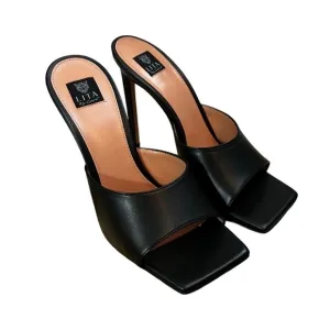 Lita By Ciara Black Leather Solid Square Toe Slides Size 39 Made In Italy New