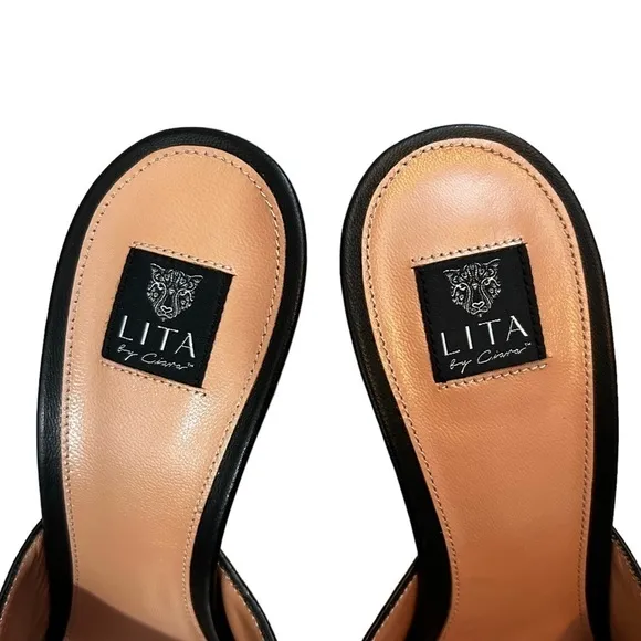 Lita By Ciara Black Leather Solid Square Toe Slides Size 39 Made In Italy New