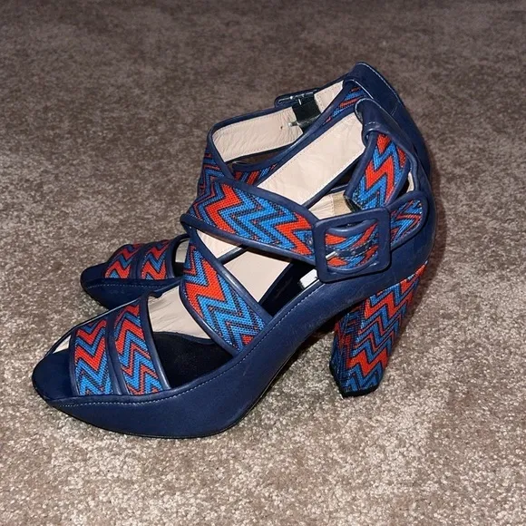 LK Bennett Red and Blue Chevron Block Heel - size 40