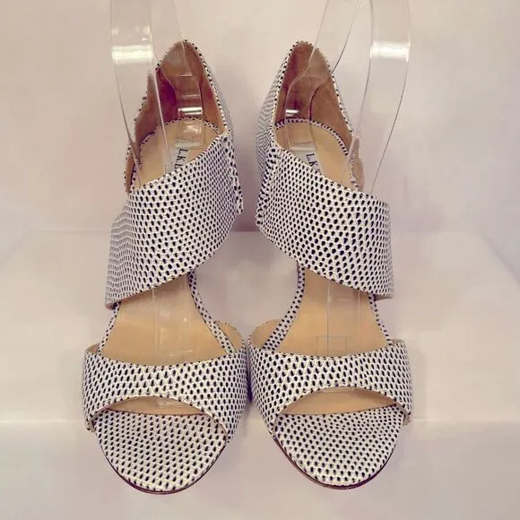 L.K.BENNETT OF LONDON BLACK AND WHITE OPEN TOE HEELS SIZE 6.5 (37) EUC