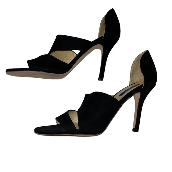 LN Dee Keller Black Suede D’Orsay Strappy Open Toe Stiletto Heels - 38.5 / 7.5