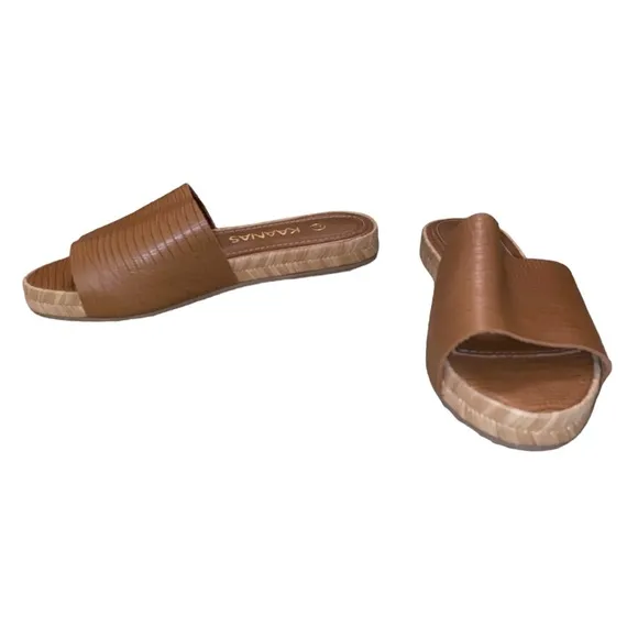 LN Kaanas Tan Embossed Leather Espadrille Slides Sandals - 7