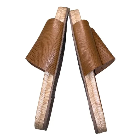 LN Kaanas Tan Embossed Leather Espadrille Slides Sandals - 7