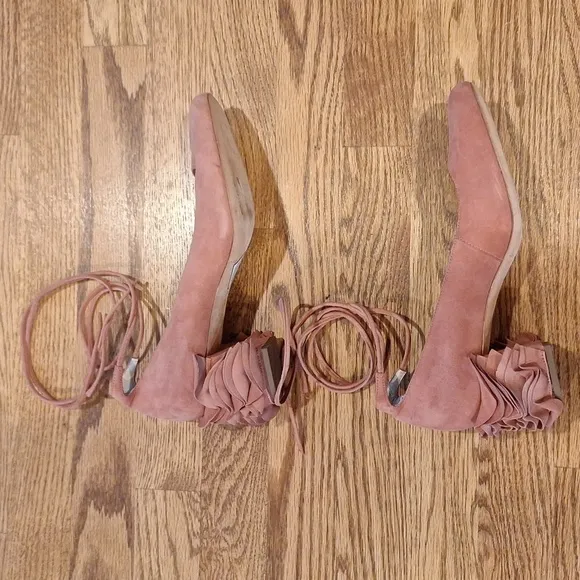 Loeffler Randall Dusty Rose Clea Ruffle Heel Suede Pumps 9