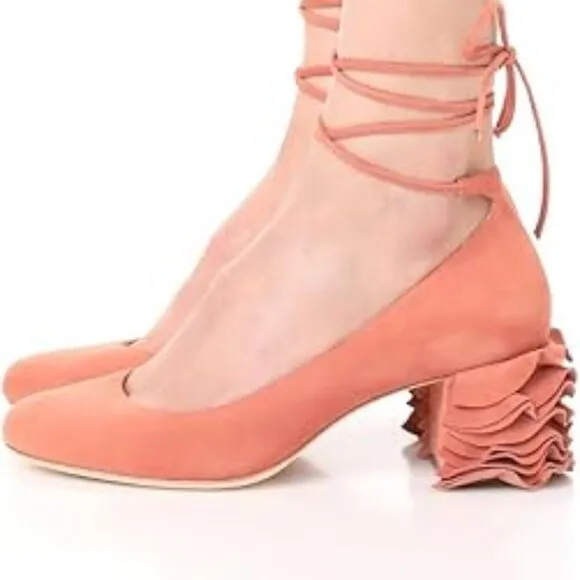 Loeffler Randall Dusty Rose Clea Ruffle Heel Suede Pumps 9
